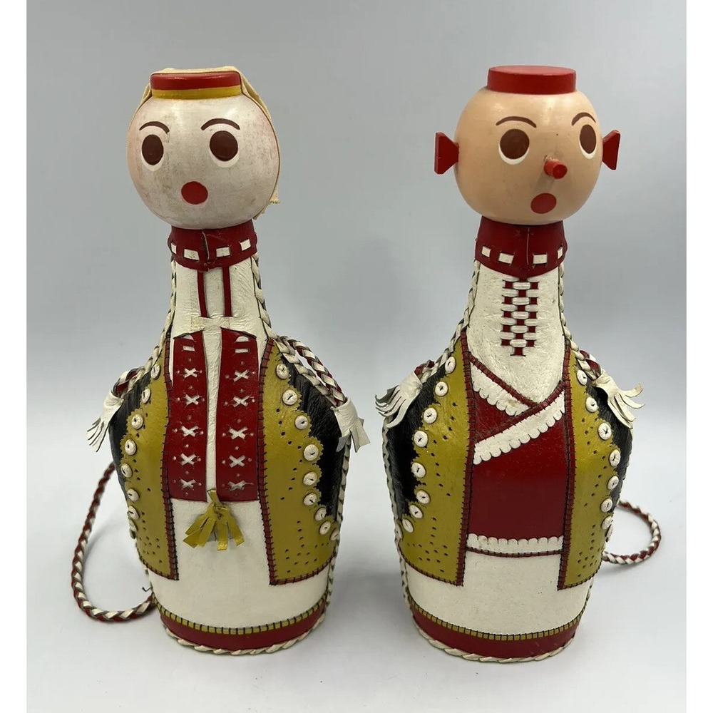 Vintage Slavik Boho Folk Art Leather Covered Canteen Decanter Bottle Man & Woman